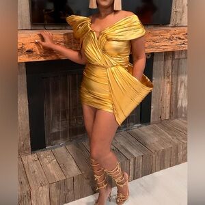 Gold Off-Shoulder Ruched Mini Dress